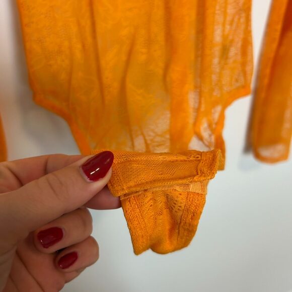 BY ANTHROPOLOGIE Sheer Lace Long-sleeve Bodysuit In Orange One-piece Medium - Picture 5 of 14